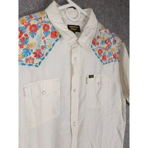 Seager Pearl Snap Shirt Men's Large Ivory Embroidered Floral Tencel Short Sleeve